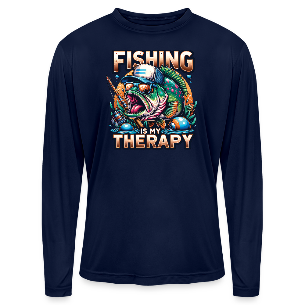 Fishing Is My Therapy UPF40 Performance Long Sleeve Fishing T Shirt - dark navy