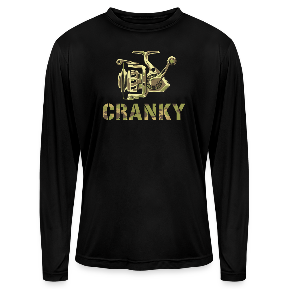 Cranky Camo Reel UPF40 Long Sleeve Performance Fishing Tee - black