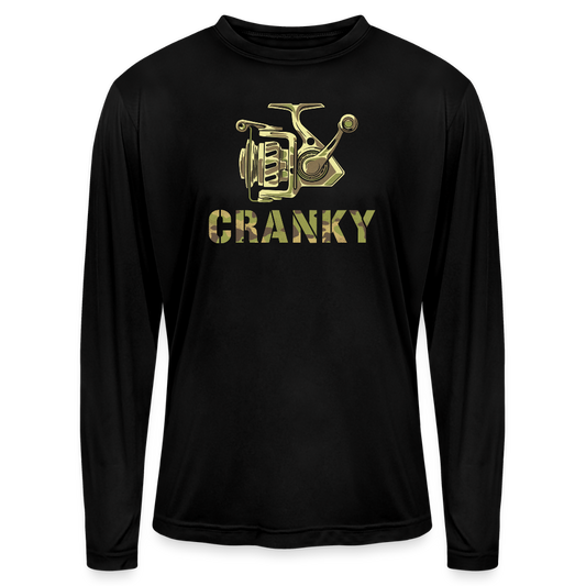 Cranky Camo Reel UPF40 Long Sleeve Performance Fishing Tee - black