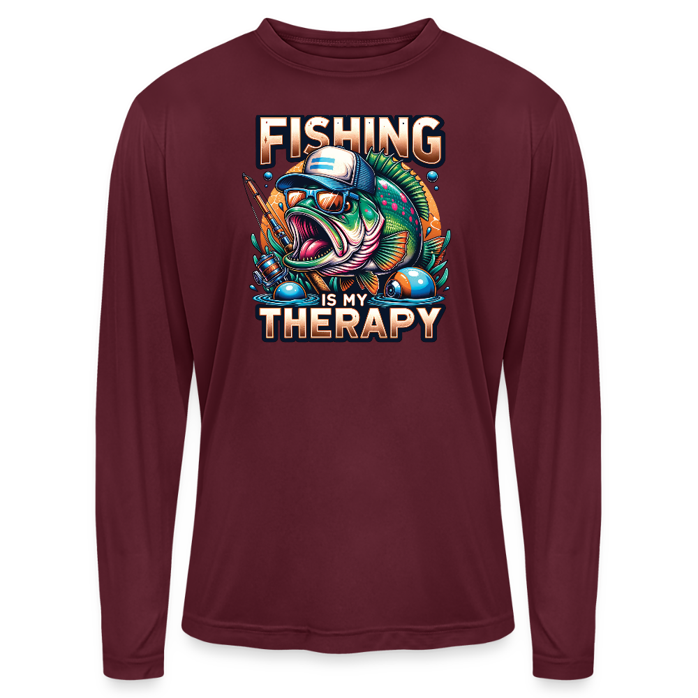 Fishing Is My Therapy UPF40 Performance Long Sleeve Fishing T Shirt - maroon 