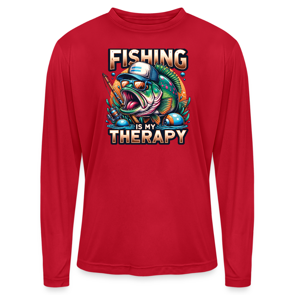 Fishing Is My Therapy UPF40 Performance Long Sleeve Fishing T Shirt - red