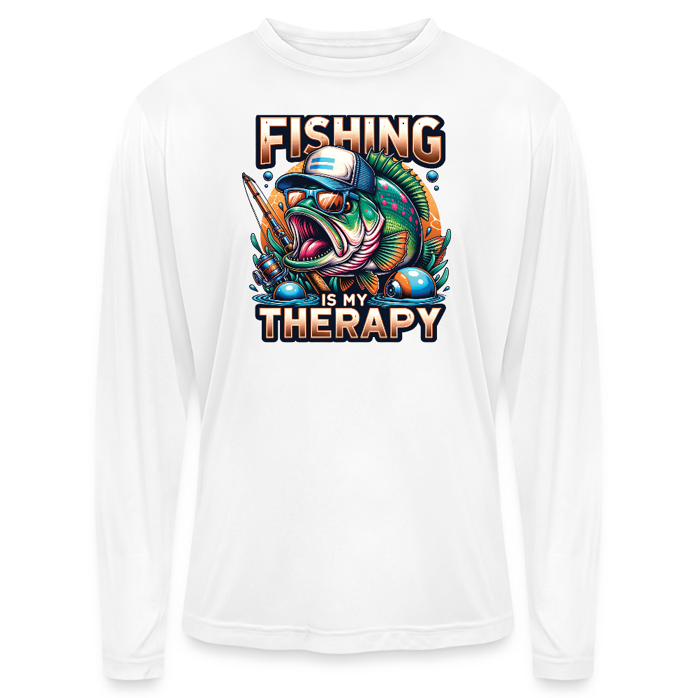Fishing Is My Therapy UPF40 Performance Long Sleeve Fishing T Shirt - white