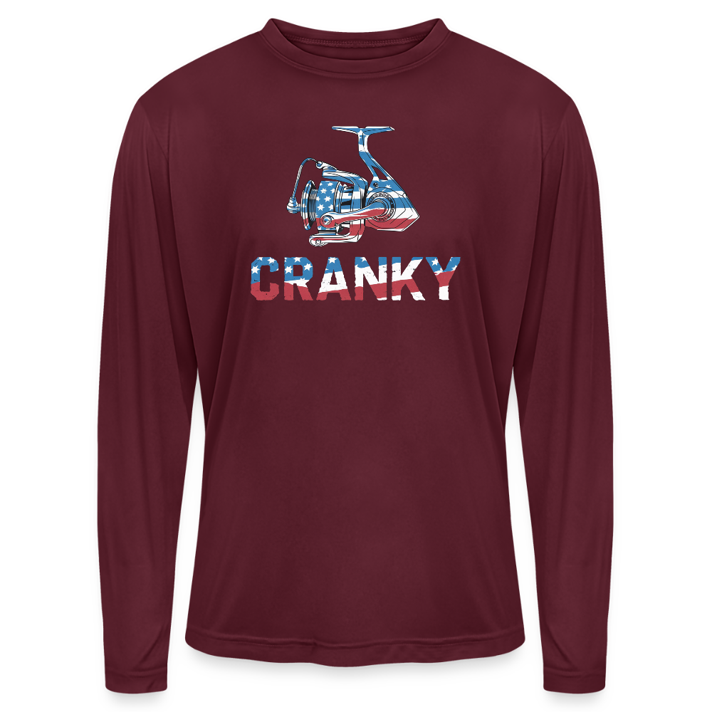 Cranky Spinning Reel USA UPF40 Performance Long Sleeve T Shirt - maroon 