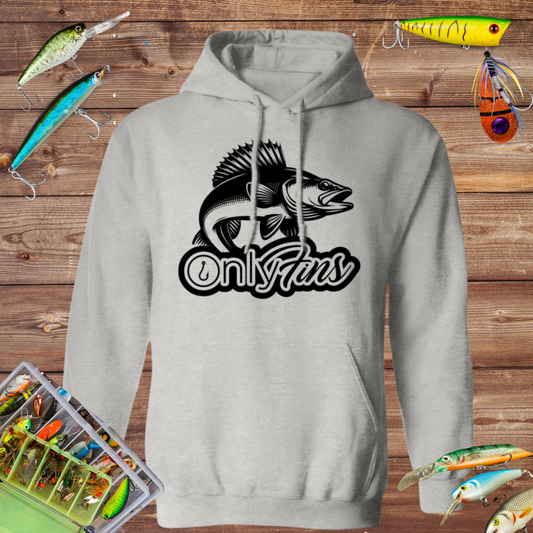 Only Fins Walleye Fishing Hoodie (Black Text)