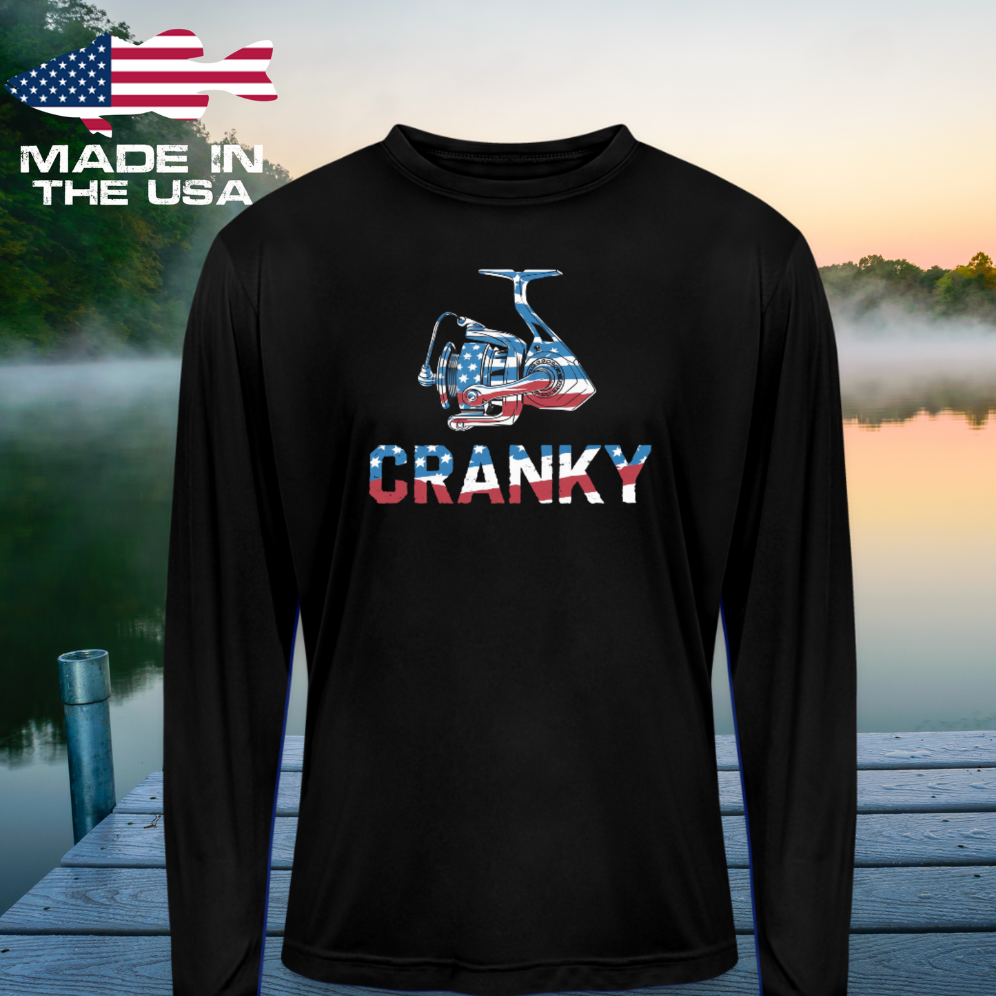 Cranky Spinning Reel USA UPF40 Performance Long Sleeve T Shirt